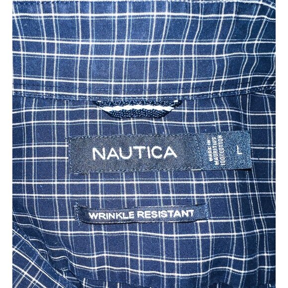Nautica Mens Wrinkle Resistant Navy Blue Plaid Button-Down Shirt Size Large - Picture 3 of 3